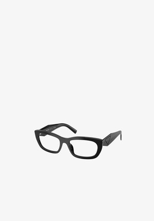 Czarne prostokątne okulary z grubymi oprawkami i logo Prada na zausznicy, ustawione pod kątem, pokazujące widok z przodu i z boku.