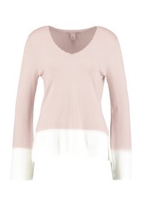 Pull en maille rose clair et blanc à manches longues, col en V, avec un dégradé passant du rose au blanc à l'ourlet.