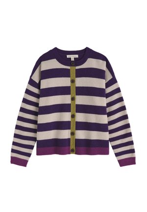 Gestreepte cardigan met brede paarse en crèmekleurige strepen, een groene knopenbies en geribbelde boorden en zoom. Gemaakt van zacht gebreid materiaal.