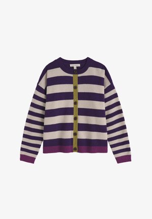 Cardigan rayé présentant de larges rayures violettes et crème, une patte de boutonnage verte, ainsi que des poignets et un ourlet côtelés. Confectionné en maille douce.