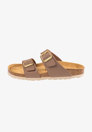 Brown slide sandal with two adjustable straps and gold-tone buckles. Cork footbed and textured rubber outsole provide support and grip.