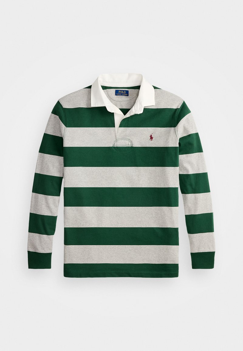 Pikkade varrukatega polo särk, millel on rohelised ja hallid horisontaalsed triibud, valge kaelus ning väike punane logo vasakul rinnal.