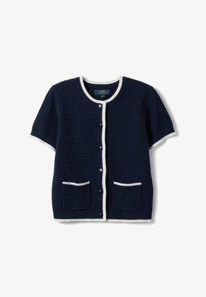 Cardigan bleu marine à manches courtes avec bordure blanche, fermeture à boutons, tricot texturé et deux poches avant avec détails de boutons.