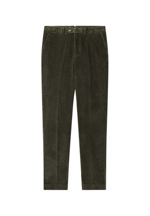 Calças de veludo cotelê verde-oliva com um corte reto, apresentando fecho de botão, bolsos frontais e tecido texturizado.
