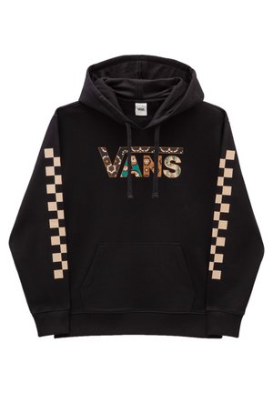 Czarna bluza z kapturem z kwiatowym wzorem logo "VANS" na piersi oraz beżowymi pasami w kratkę biegnącymi wzdłuż obu rękawów.