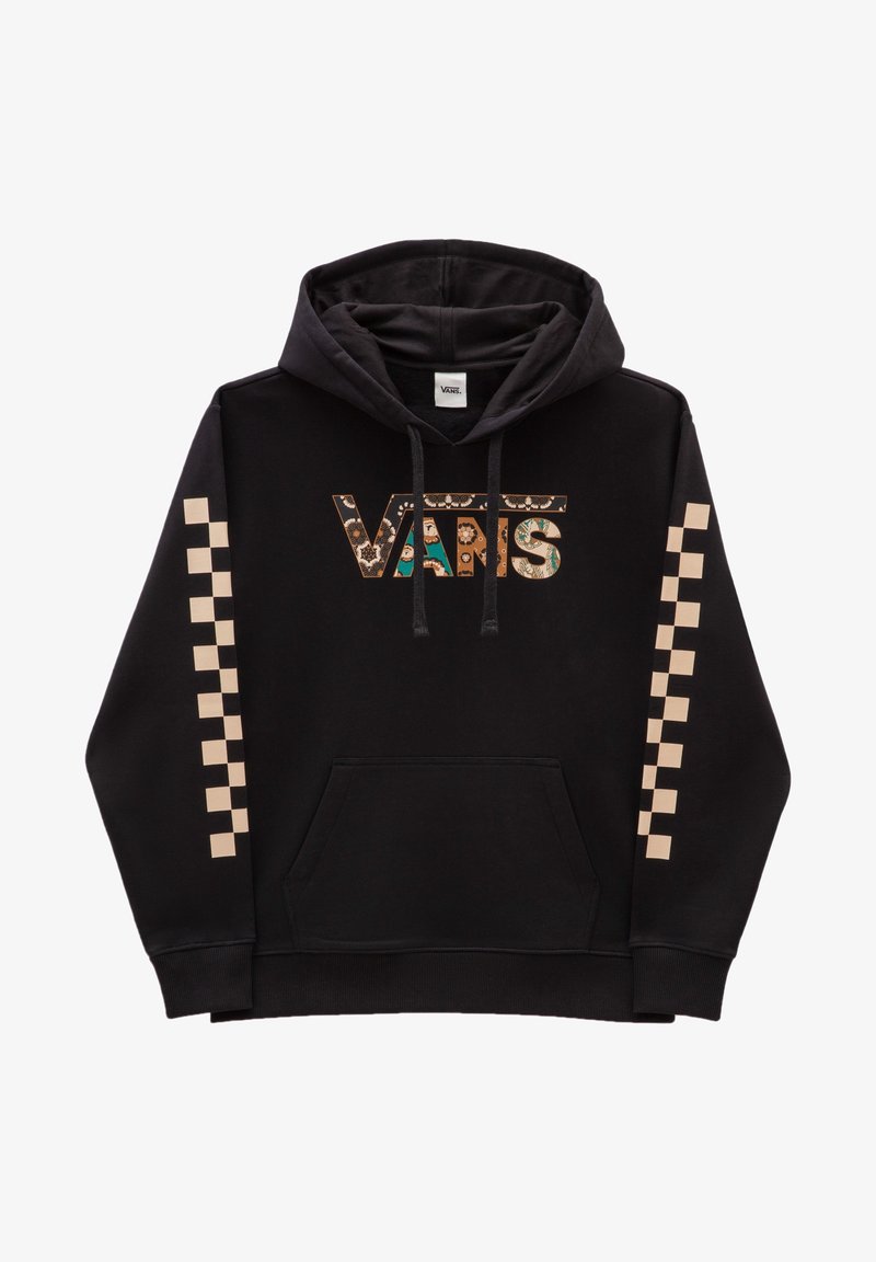 Sweat à capuche noir avec un logo "VANS" à motif floral sur la poitrine et des bandes beige à damier le long des deux manches.