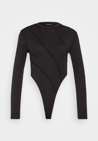 Body negru cu mâneci lungi și guler înalt, cu textură tip canalé și un design unic cu cusătură diagonală, având un tăietor tip thong.