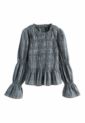 Blouse à manches longues à carreaux avec corsage smocké et poignets évasés dans des tons bleus et gris.