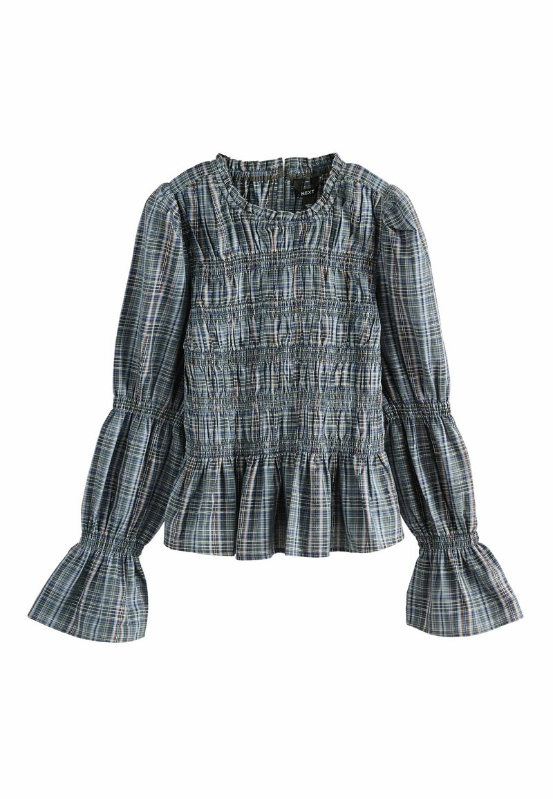 Blouse à manches longues à carreaux avec corsage smocké et poignets évasés dans des tons bleus et gris.