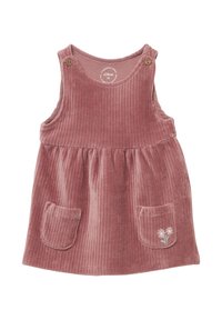 Corduroykleid in staubigem Rosa mit einem gerafften Rock, zwei vorderen Taschen, bestickten Blumen und Holzknopf-Details an den Schultern.