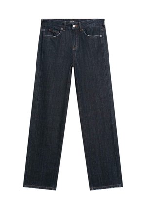 Dunkelblaue Jeans aus Denim mit geradem Bein, im klassischen Fünf-Taschen-Design und dezenten Steppnähten.