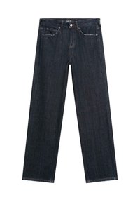 Dunkelblaue gerade geschnittene Jeans aus Denim mit klassischem Fünf-Taschen-Design, kontrastierenden Nähten und einem Knopfverschluss.