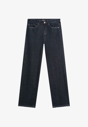 Tmavě modré džíny s rovnými nohavicemi vyrobené z denimu, s klasickým designem pěti kapes, který zahrnuje kontrastní švy a zapínání na knoflík.