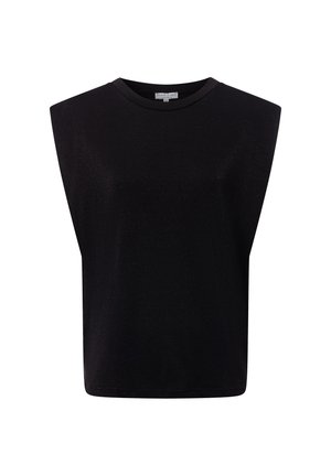Czarny bezrękawnik z okrągłym dekoltem, wykonany z miękkiego materiału. Posiada strukturalny kształt i gładką teksturę, bez wzorów czy ozdób.