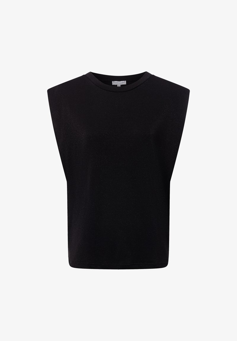 Czarny bezrękawnik z okrągłym dekoltem, wykonany z miękkiego materiału. Posiada strukturalny kształt i gładką teksturę, bez wzorów czy ozdób.