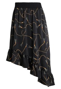 Musta hame, jossa on epäsymmetrinen helma, joka on koristeltu kultaketjujen ja tupsujen kuviolla, valmistettu sileästä ja valuvaasta materiaalista.