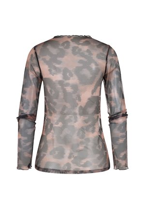 Dlouhý průsvitný top z mikro síťoviny s černým a tlumeně růžovým abstraktním leopardím vzorem, upnutý střih a lehce nařasené okraje na rukávech a spodním lemu.