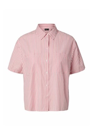 Camisa de manga corta con botones, con rayas verticales en rosa y blanco y cuello puntiagudo, mostrada sobre un fondo blanco.