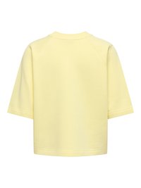 Vue arrière d'un sweat-shirt jaune clair à manches courtes avec un col rond et des détails simples à l’ourlet.