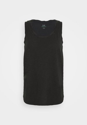 Ärmelloses schwarzes Tanktop aus leichtem Stoff, mit rundem Ausschnitt und lockerem Sitz sowie leicht geschwungenem Saum.