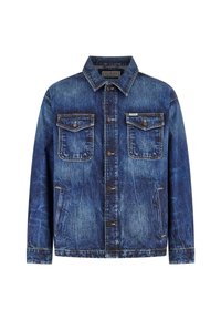 Denim jacket in faded blue with a collar. Features two chest pockets, side pockets, and button-front closure. Distressed texture accents.