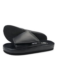 Black slide sandals featuring a smooth synthetic upper, soft inner lining, cushioned sole, and ridged rubber outsole for traction.