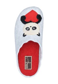 Gray felt slipper with red inner lining and panda face design featuring a red heart. Bottom shows brown logo detail.