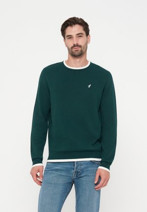 Mann trägt dunkelgrünen Pullover mit Rundhalsausschnitt mit weißem Abschluss und blaue Jeans vor schlichtem weißem Hintergrund.