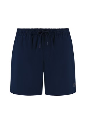 Marineblauwe zwembroek gemaakt van lichtgewicht materiaal, met een elastische tailleband met een trekkoord en een klein logo aan de zijkant.