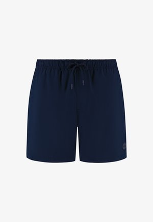 Marineblauwe zwembroek gemaakt van lichtgewicht materiaal, met een elastische tailleband met een trekkoord en een klein logo aan de zijkant.