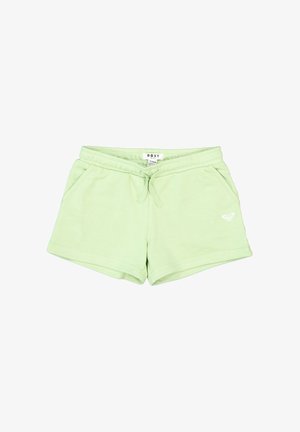 Pantalones cortos informales de color verde claro con cintura ajustable con cordón, bolsillos laterales y un pequeño logo blanco de Roxy en la parte frontal de la pierna izquierda.