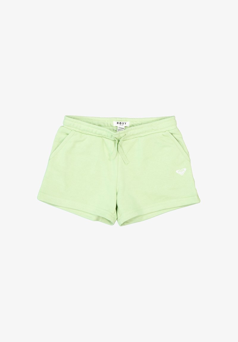 Pantalones cortos informales de color verde claro con cintura ajustable con cordón, bolsillos laterales y un pequeño logo blanco de Roxy en la parte frontal de la pierna izquierda.