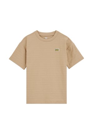 Bēšas krāsas kokvilnas T-krekls ar īsām piedurknēm, ar ribotu faktūru un nelielu zilu un dzeltenu "PUERTO MONTAÑA" logotipu uz krūtīm.