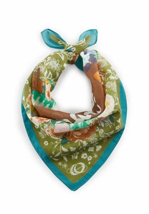 Silk scarf featuring a green base with floral patterns in shades of brown, pink, and teal. Finished with a teal border and tied at the top.