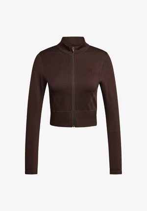 Dunkelbraune, langärmelige, kurz geschnittene Reißverschlussjacke mit hohem Kragen und dezentem Logo auf der Brust.