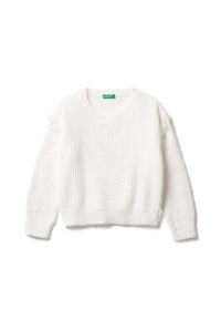 Maglione bianco a maglia grossa con scollo rotondo, maniche lunghe e orlo corto, caratterizzato da dettagli testurizzati in tutta la sua superficie.