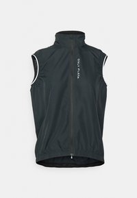 Sleeveless vest in black, featuring a high collar, front zipper, elastic side panels, and white branding along the front. Smooth texture.