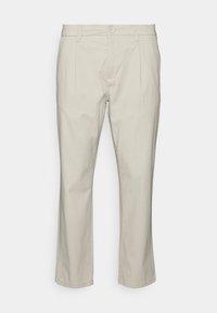 Beige cotton trousers with a straight-leg design, featuring a button closure, front pleats, and side pockets. Smooth texture, no patterns.