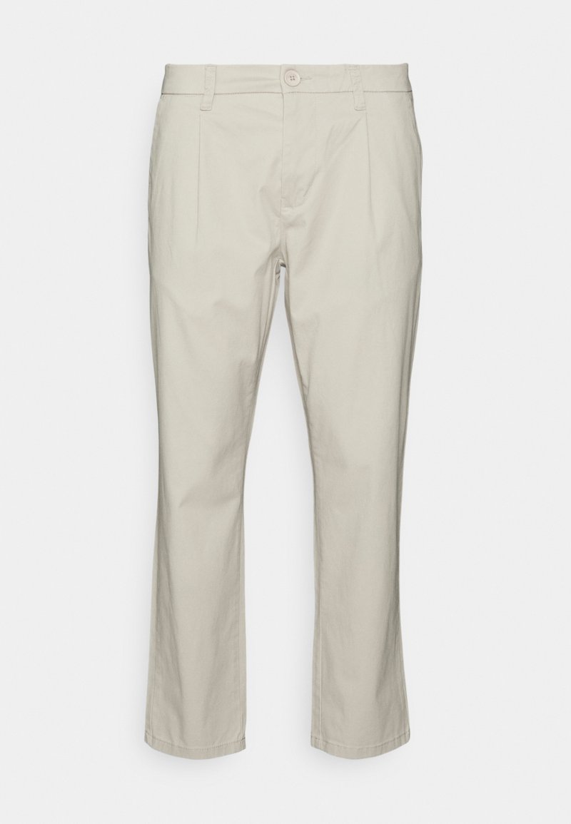 Beige cotton trousers with a straight-leg design, featuring a button closure, front pleats, and side pockets. Smooth texture, no patterns.