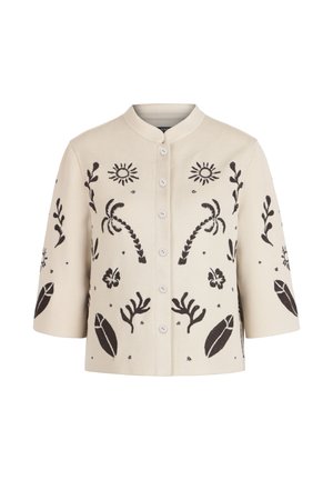 Giacca crema con bottoni, ricamata in nero con motivi di sole, palme, foglie e fiori, dotata di maniche a tre quarti e collo rotondo.