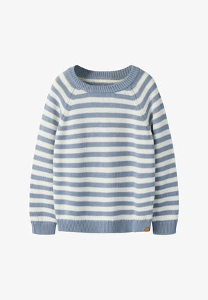 Niebiesko-biały sweter w paski, wykonany na drutach, z długimi rękawami oraz ściągaczami na kołnierzu, mankietach i dolnym brzegu.