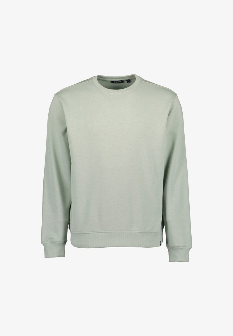 Sweatshirt vert clair à col rond avec des manches longues, des poignets et un ourlet côtelés, présenté sur un fond blanc uni.