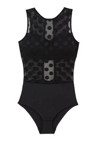 Costume intero nero con parte superiore trasparente decorata con pois neri testurizzati, parte inferiore nera solida e scollatura tonda.