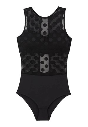 Maillot de bain noir une pièce avec un corps transparent orné de pois noirs texturés, un bas noir uni et un col rond.