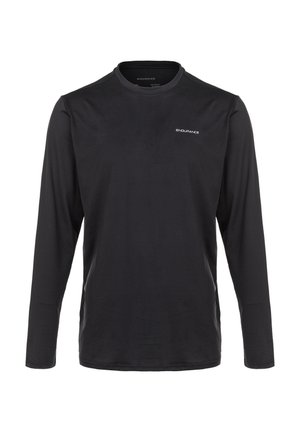 Langærmet sort atletisk skjorte lavet af glat, letvægts stof med rund halsudskæring og et lille hvidt logo på brystet.