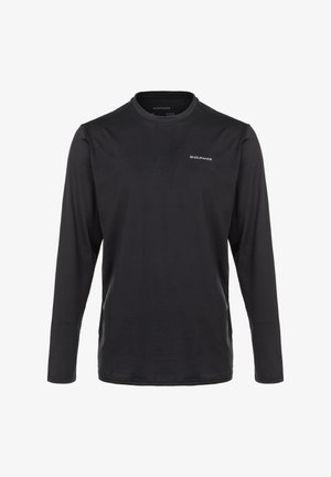 Langærmet sort atletisk skjorte lavet af glat, letvægts stof med rund halsudskæring og et lille hvidt logo på brystet.