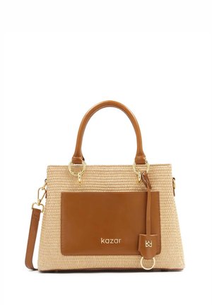 Tan and straw handbag with a woven texture, brown leather accents, gold hardware, and a detachable shoulder strap. Features a front pocket.