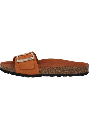 Brown suede slide sandal featuring a wide strap with a metal buckle, cork midsole, and a textured black rubber outsole.
