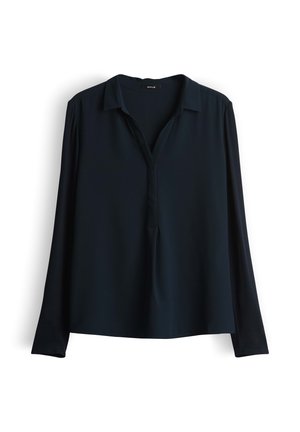 Marineblaue langärmlige Bluse mit Kragen und knopflosem Einschnitt. Glatter Stoff mit einer entspannten Passform und minimalistischem Design.