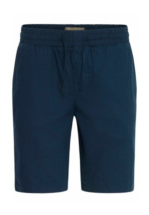 Shorts bleu marine en tissu léger, dotés d'une taille élastique avec cordon de serrage, de poches latérales et d'une coupe droite.